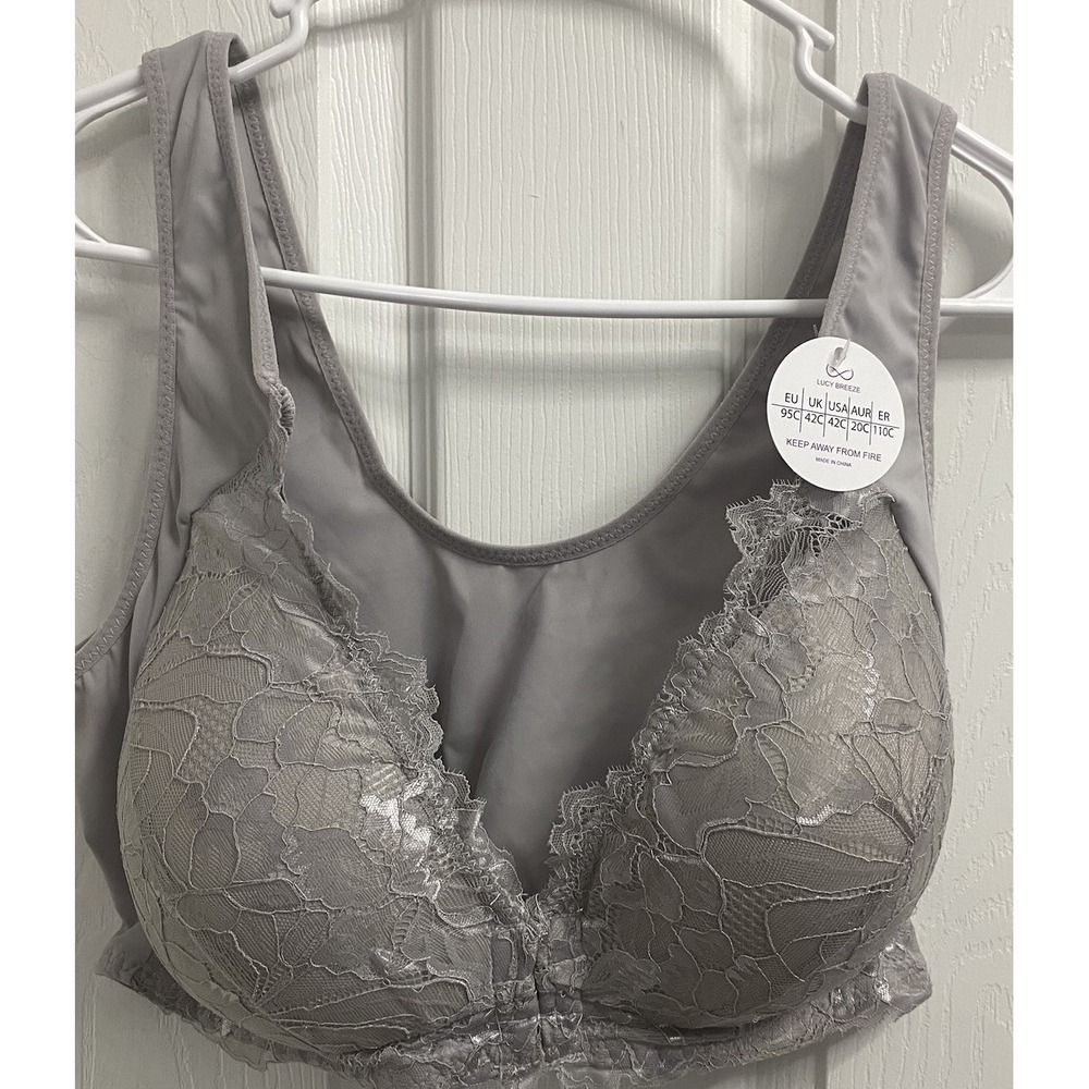 Lucy Breeze Silver/Gray Wire Free Lined Bra Lace Front Close Sz.42C Stretch Back